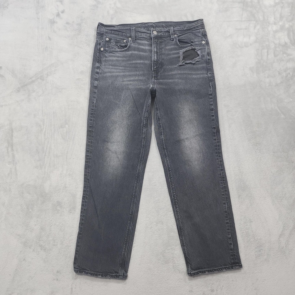 American Eagle Jeans Womens 14 Gray Super High Rise Ankle Straight Distressed